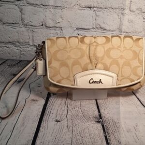 COACH Signature Canvas Leather Trim Wristlet Creme Silver Hardware